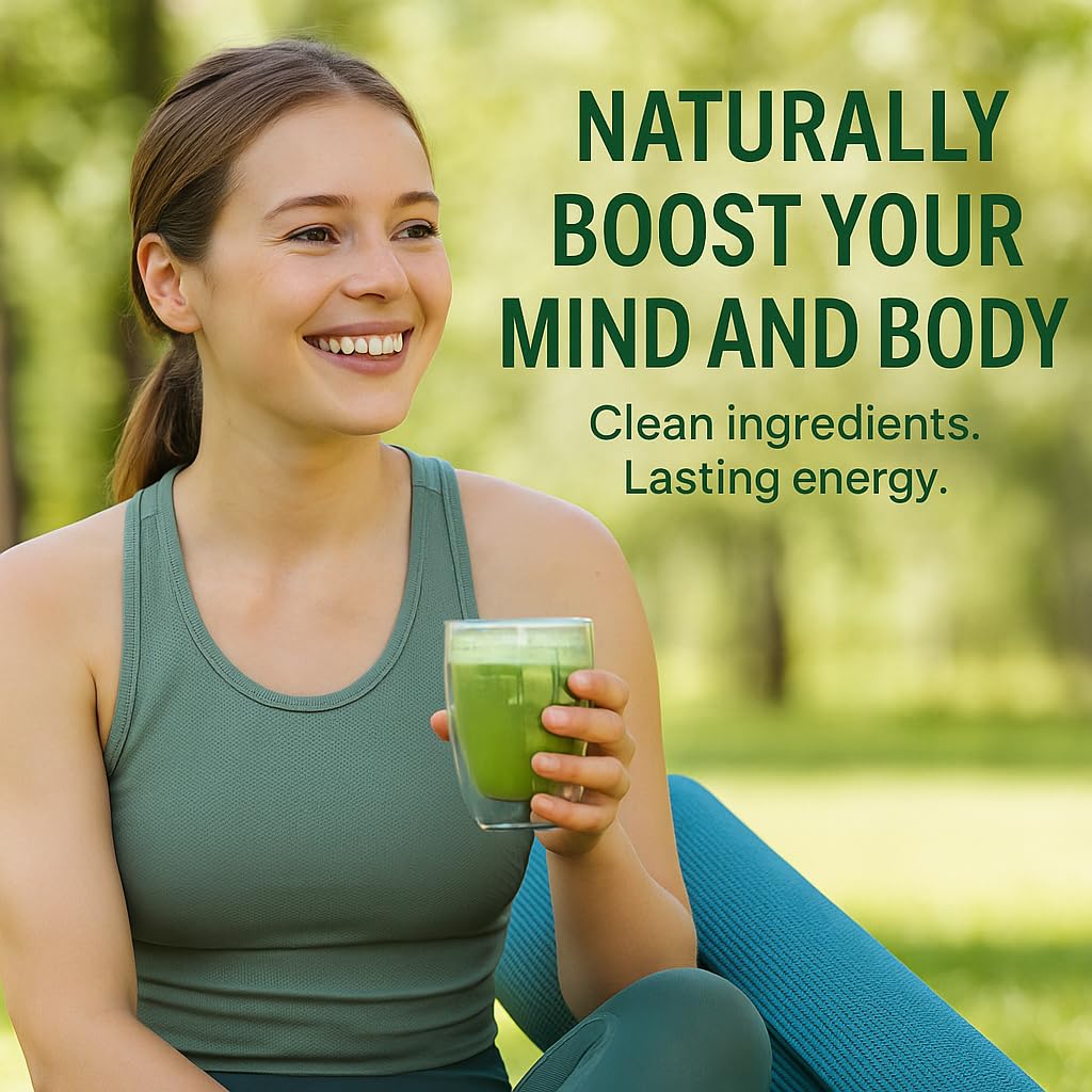 Woman holding a matcha green powder smoothie with text about boosting mind and body with clean ingredients