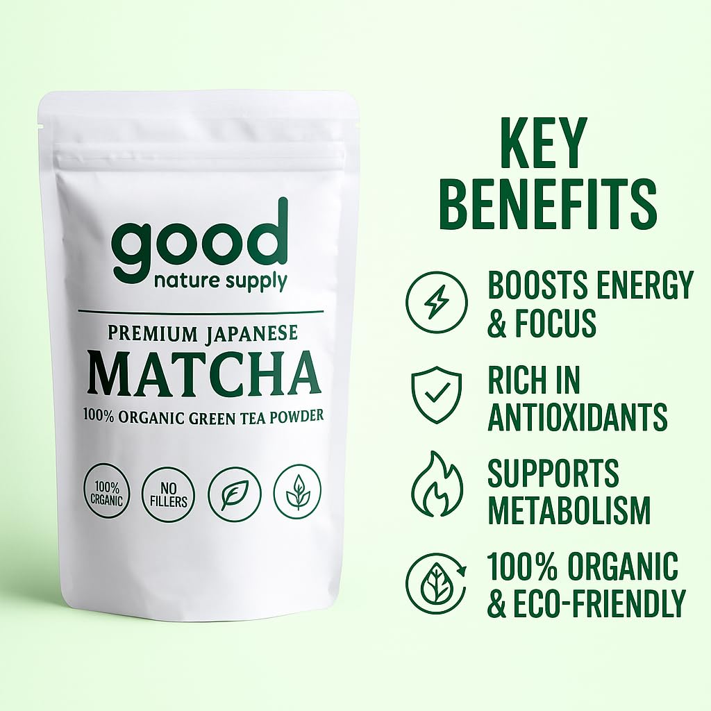Good nature supply's Japanese Matcha green tea powder packaging with key benefits listed on a light green background.