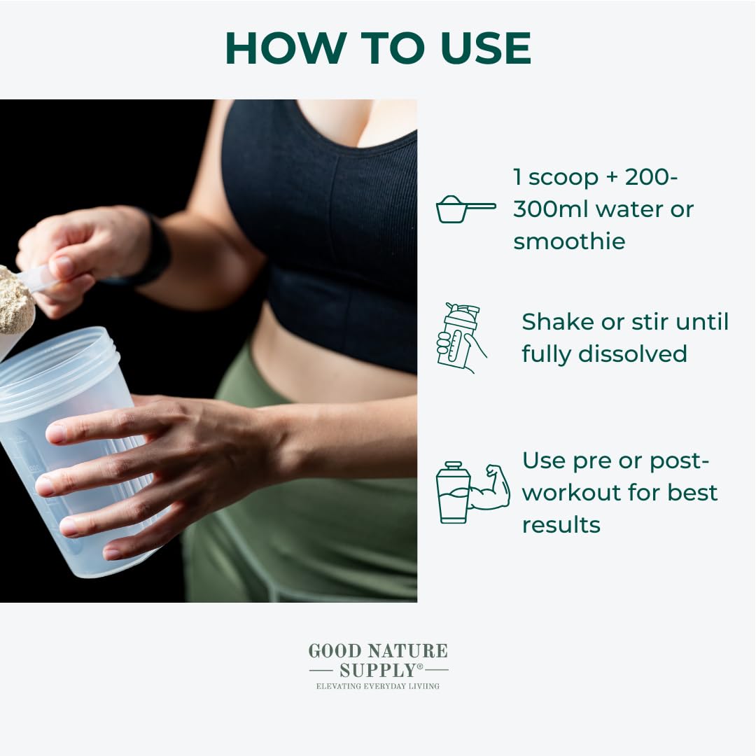 Instructions on how to use a creatine powder with a person holding a container and spoon, and text detailing the steps.