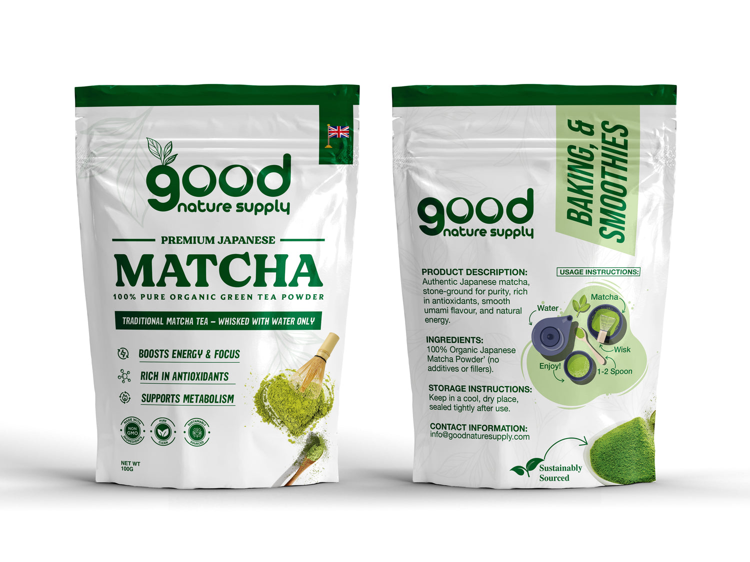 Front and rear package of good nature supply matcha green tea powder on a white background