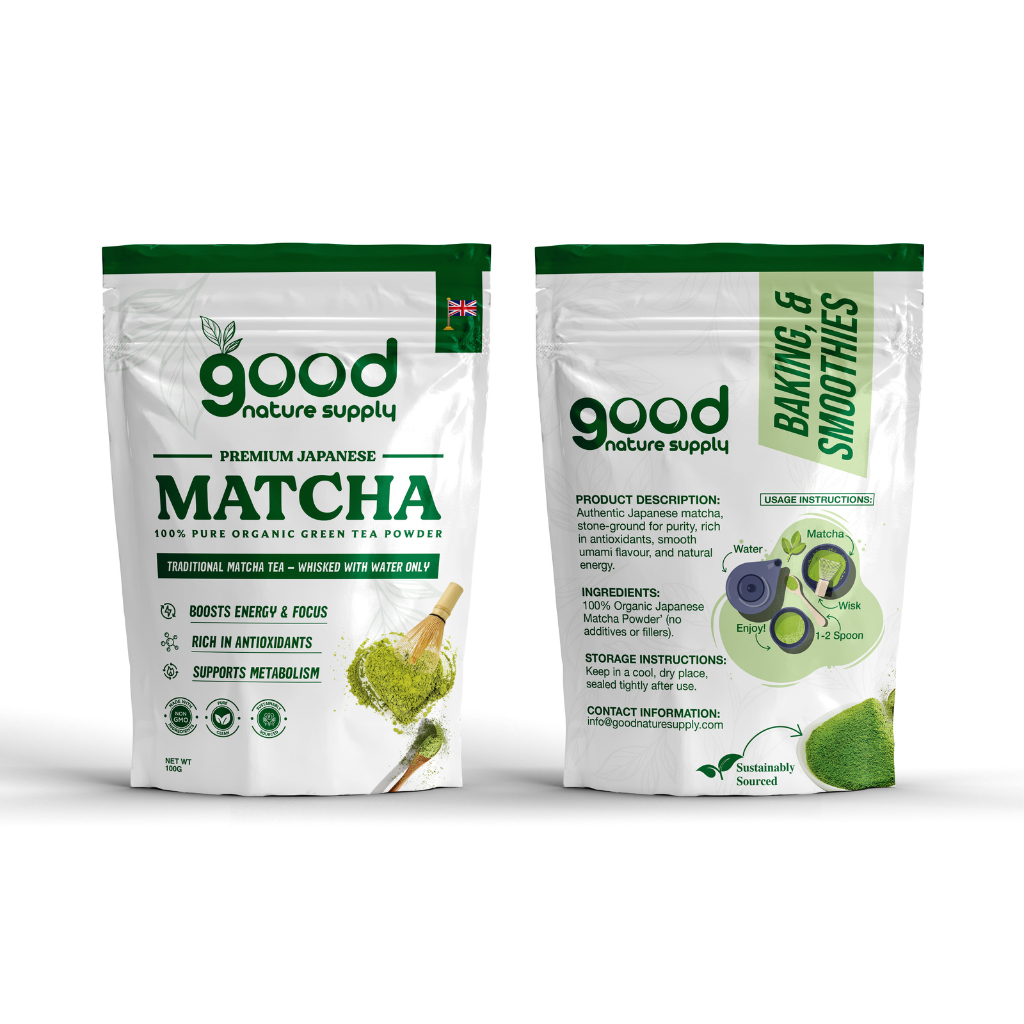 Front and rear of package of Good Nature Supply ceremonial grade Matcha green tea powder on a white background