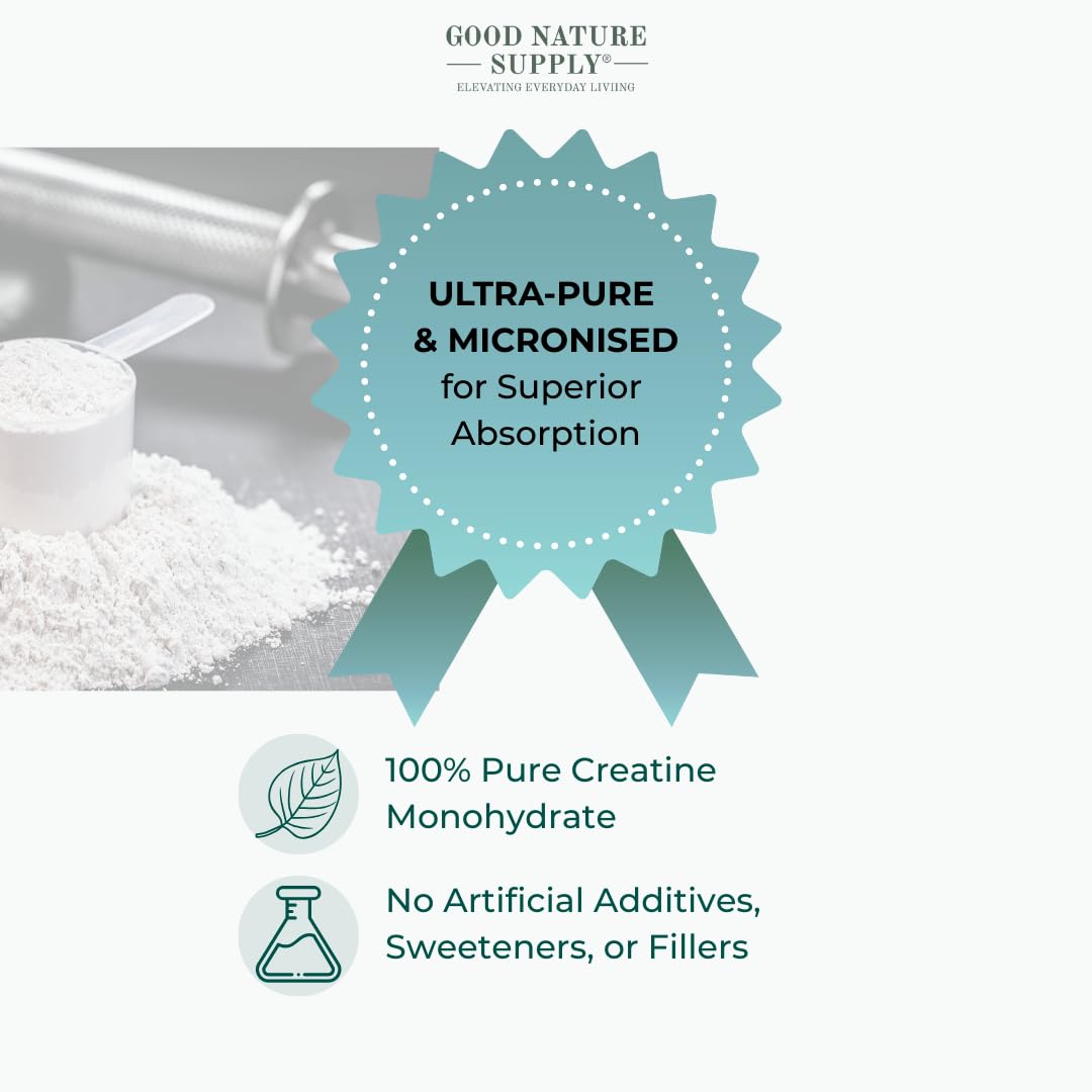 Product packaging with text about ultra-pure and micronized creatine monohydrate from Good Nature Supply.