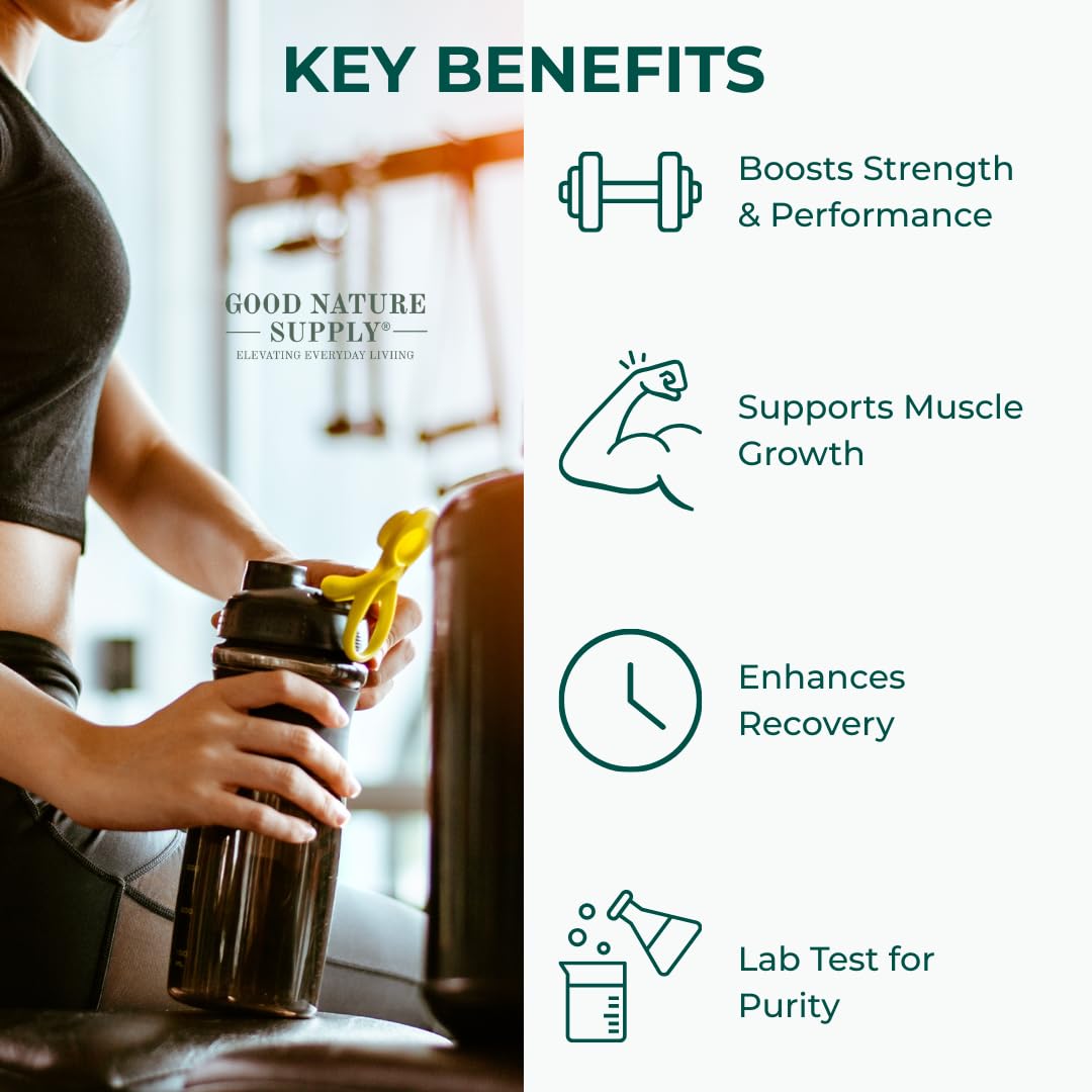Person holding a creatine supplement bottle with key benefits listed on the right, featuring Good Nature Supply branding.
