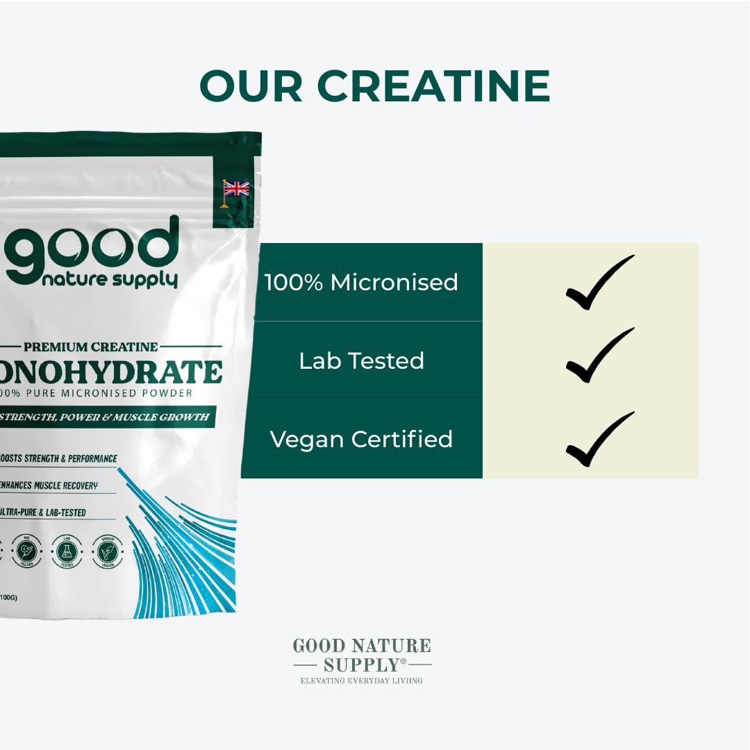 Good Nature Supply creatine powder package with certification badges on a white background