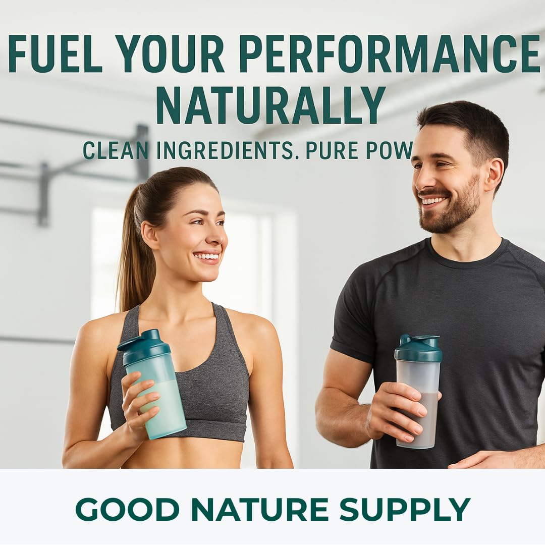 Two people holding creatine shakers with promotional text about natural performance fuel.