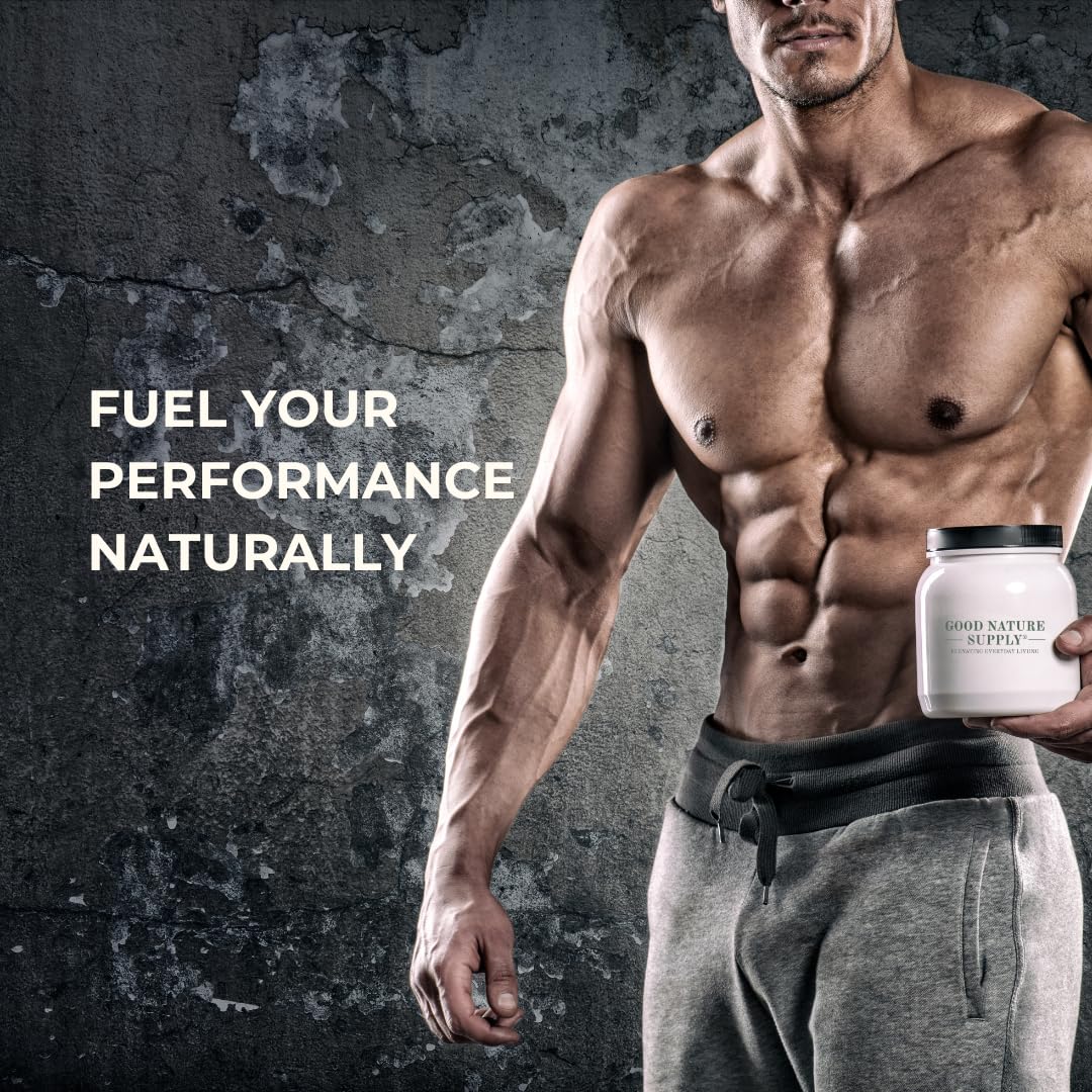 Muscular man holding a creatine supplement container with text 'Fuel Your Performance Naturally' on a dark background