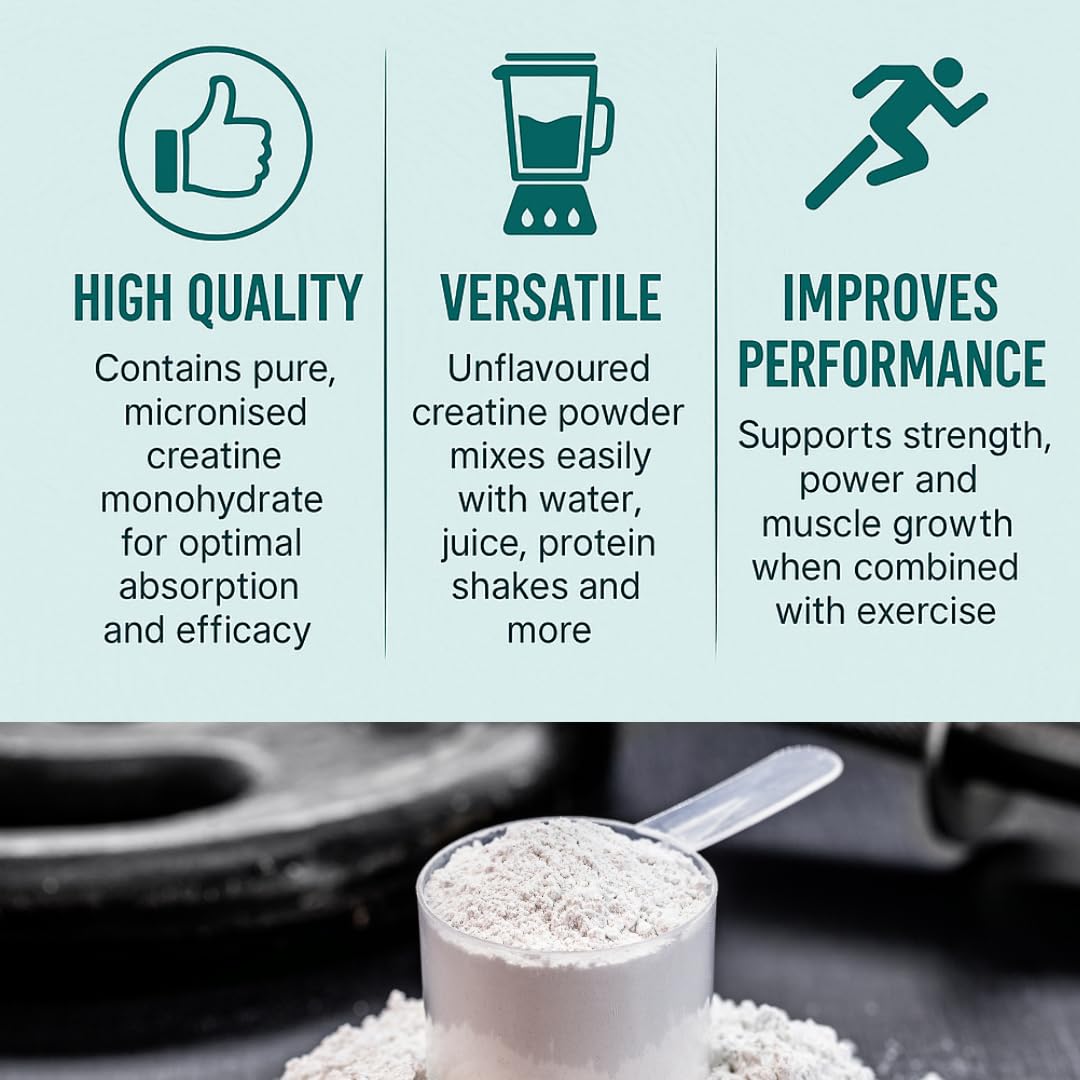 Unflavoured creatine powder with a scoop and text highlighting its qualities on a light blue background.