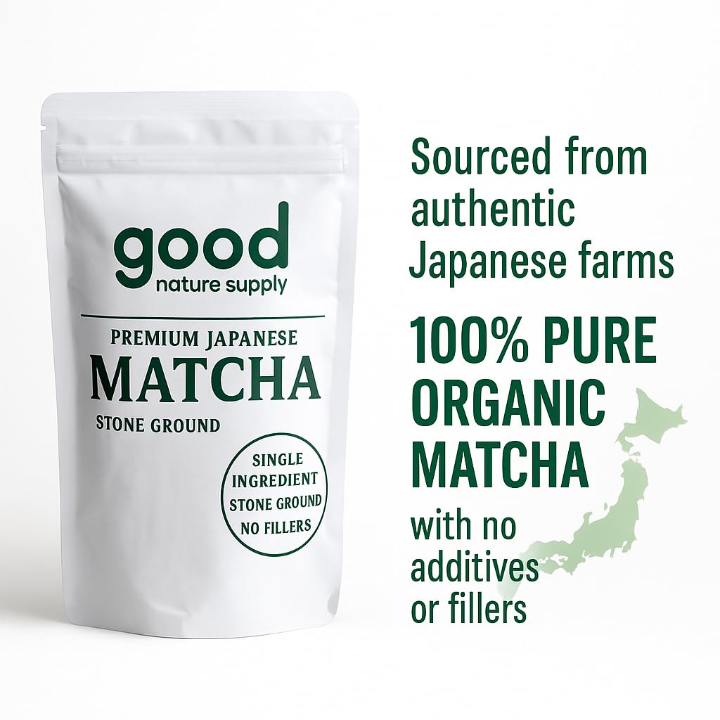 White packaging of premium Japanese matcha with green text on a white background