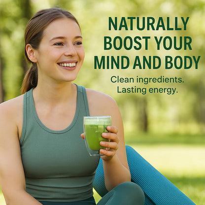 Woman holding a matcha green powder smoothie with text about boosting mind and body with clean ingredients
