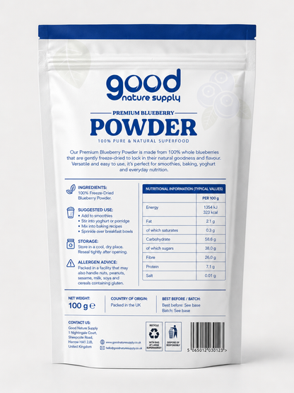 Premium Freeze-Dried Blueberry Powder – Wild, Superfood Powder & Smoothie Mix for Baking, Smoothies & Yogurt | No Additives or Preservatives 100g