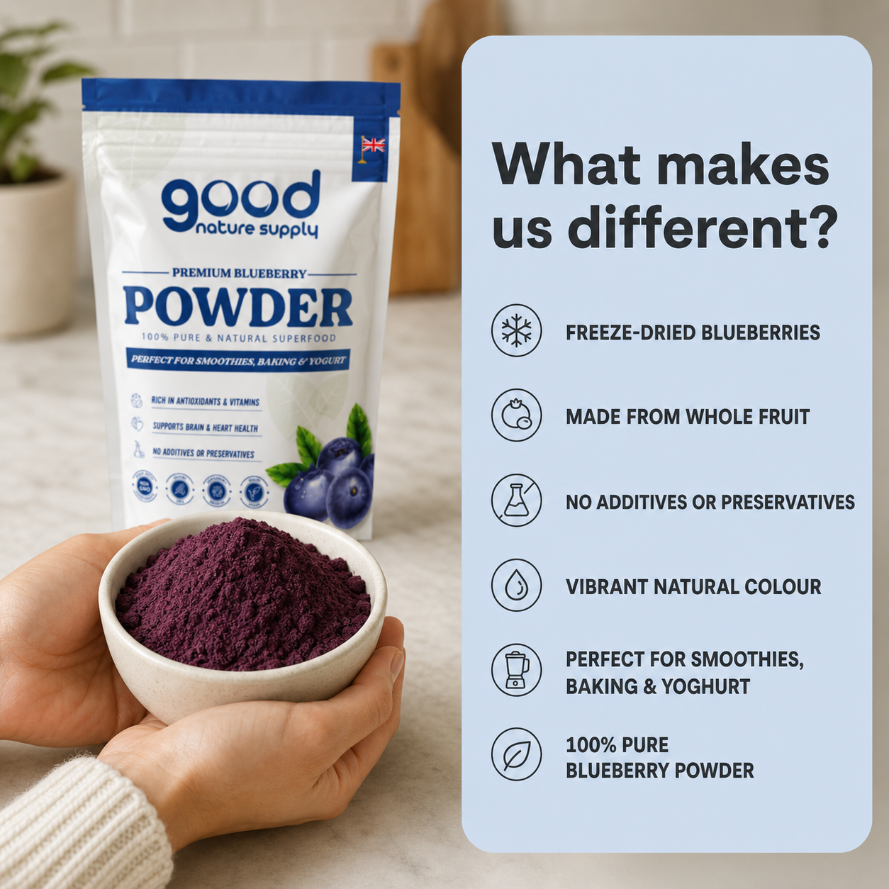 Premium Freeze-Dried Blueberry Powder – Wild, Superfood Powder & Smoothie Mix for Baking, Smoothies & Yogurt | No Additives or Preservatives 100g