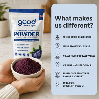 Premium Freeze-Dried Blueberry Powder – Wild, Superfood Powder & Smoothie Mix for Baking, Smoothies & Yogurt | No Additives or Preservatives 100g
