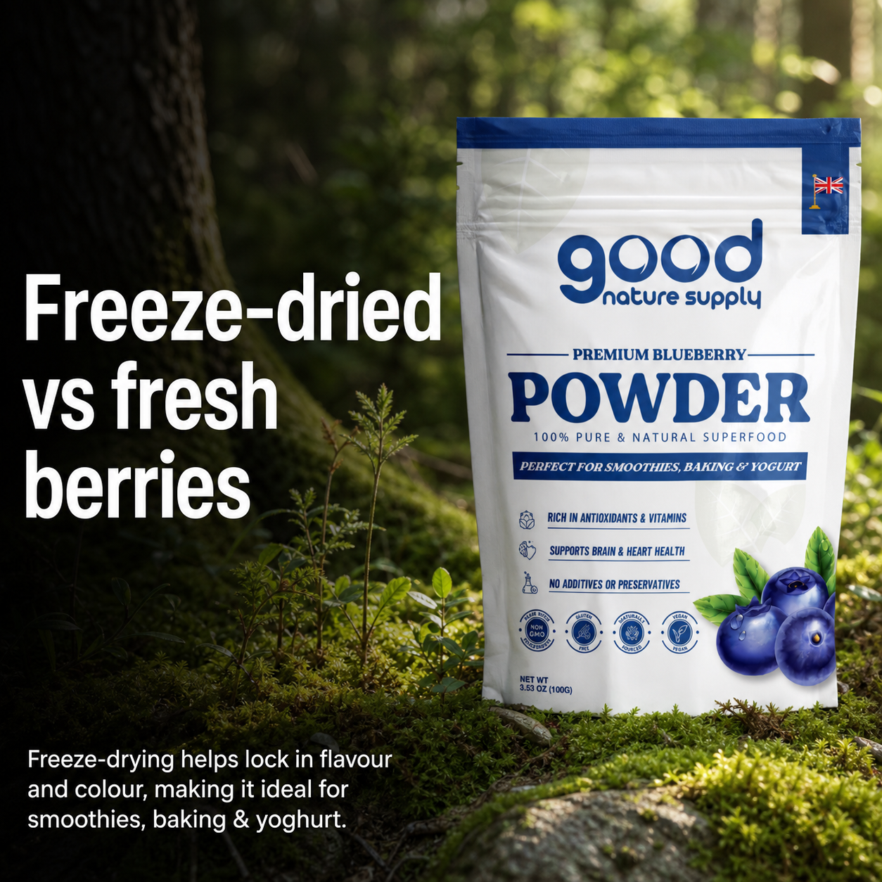 Premium Freeze-Dried Blueberry Powder – Wild, Superfood Powder & Smoothie Mix for Baking, Smoothies & Yogurt | No Additives or Preservatives 100g