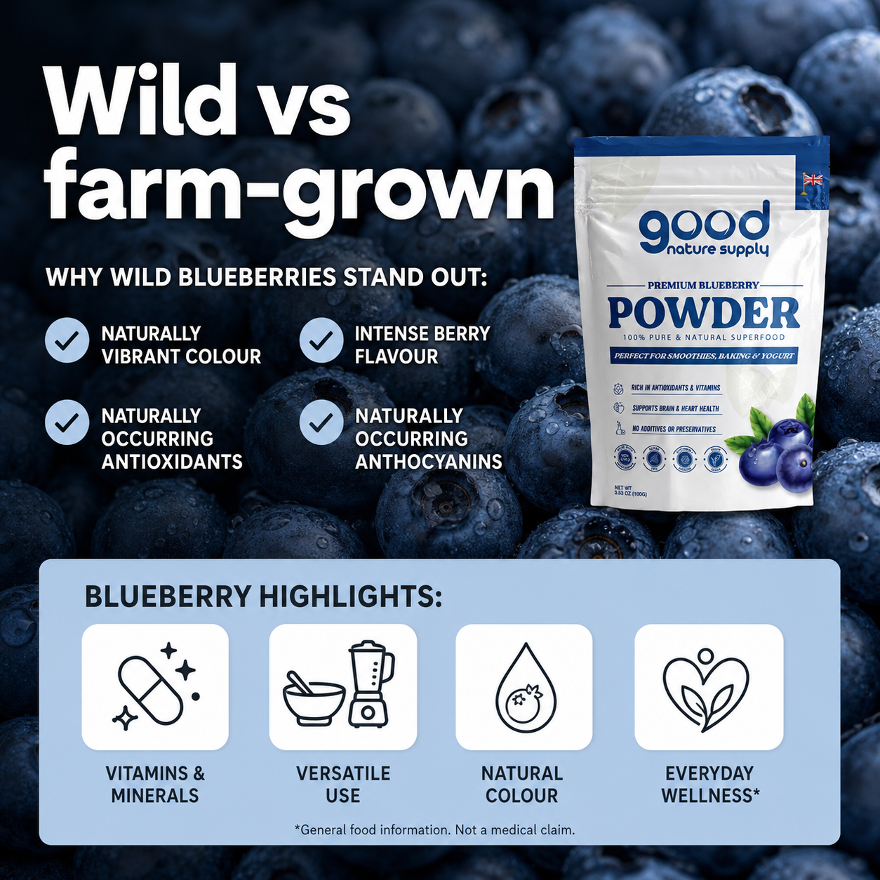 Premium Freeze-Dried Blueberry Powder – Wild, Superfood Powder & Smoothie Mix for Baking, Smoothies & Yogurt | No Additives or Preservatives 100g
