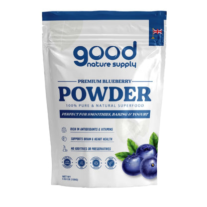 Bag of good nature supply premium blueberry powder on a white background