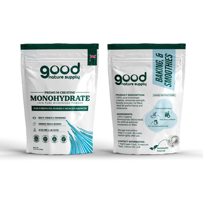 Front and rear of package of good nature supply creatine powder, on a white background