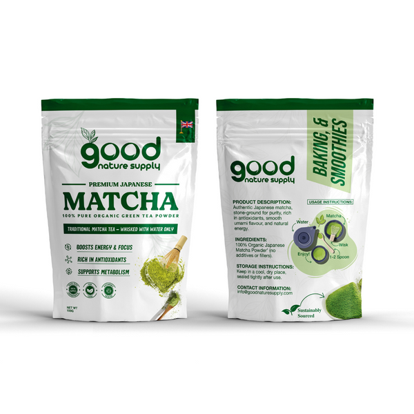 Front and rear of package of Good Nature Supply ceremonial grade Matcha green tea powder on a white background