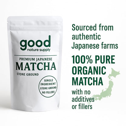 White packaging of premium Japanese matcha with green text on a white background
