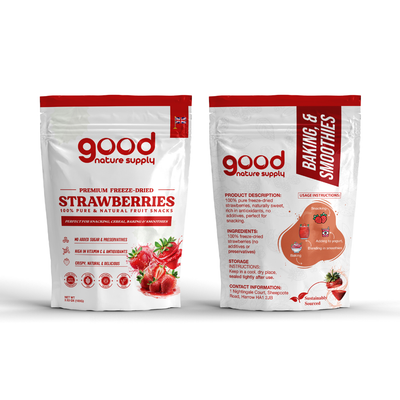 Front and back view of a white and red stand-up pouch of Good Nature Supply Premium Freeze-Dried Strawberries, a 100% pure and natural fruit snack.