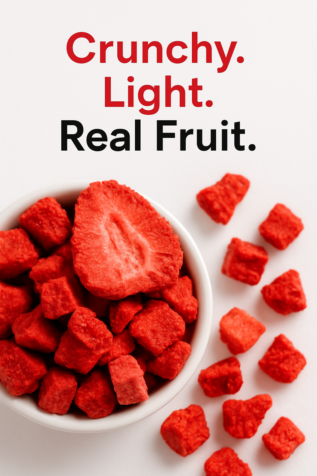 Freeze-dried strawberry pieces in a white bowl with the text "Crunchy. Light. Real Fruit."