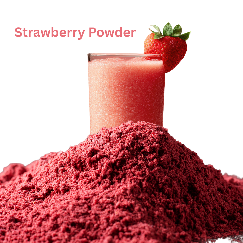 A low-angle shot showing a substantial mound of vibrant red strawberry powder in the foreground. Resting on top of the powder is a clear glass containing a light pink strawberry smoothie, garnished with a whole fresh strawberry on the rim. The text "Strawberry Powder" is visible in the upper-left corner.