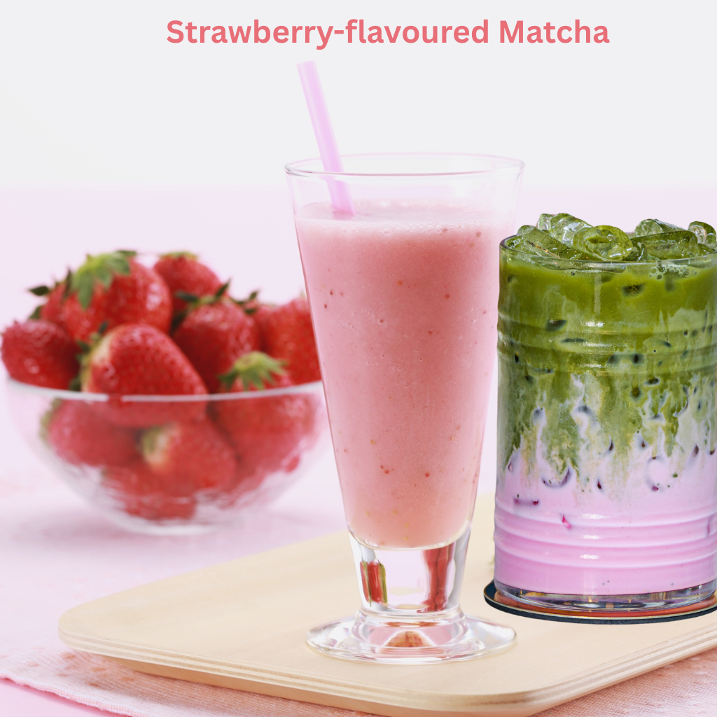 A still image featuring two drinks and a bowl of fruit. On the left is a tall glass of pink strawberry smoothie with a pink straw. On the right is an iced glass of a layered pink drink with bright green matcha tea layered on top. In the background, a clear bowl holds whole fresh strawberries. The text "Strawberry-flavoured Matcha" is visible at the top.