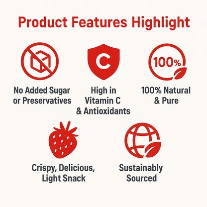 Graphic highlighting product features: No Added Sugar or Preservatives, High in Vitamin C & Antioxidants, 100% Natural & Pure, Crispy, Delicious, Light Snack, and Sustainably Sourced.