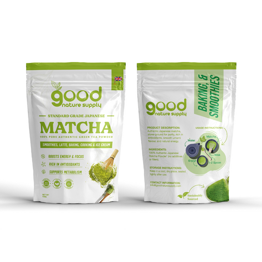 Front and rear package of Good Nature Supply Matcha tea powder on a white background