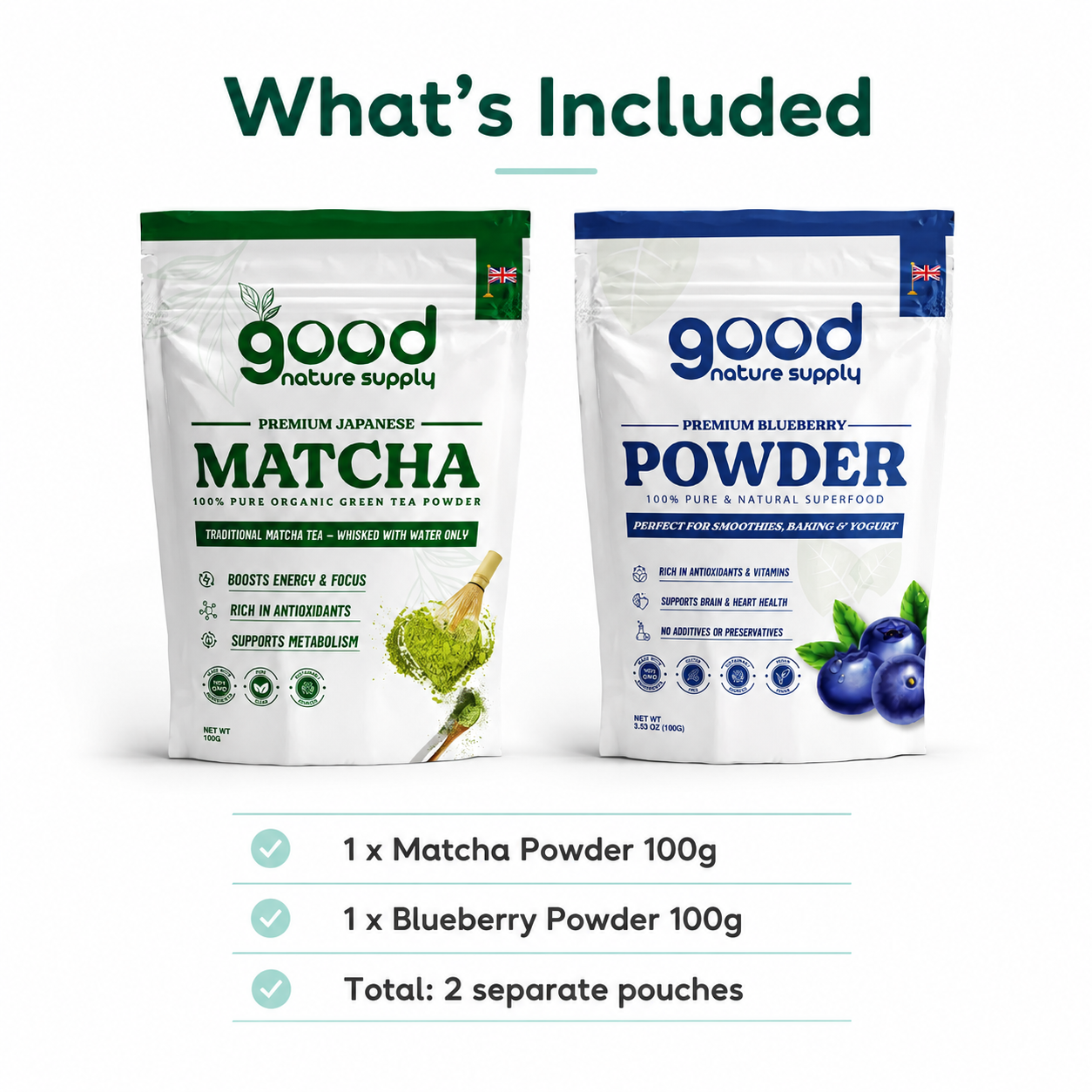 Japanese Matcha & Blueberry Powder Bundle – 2 × 100g